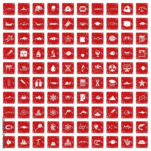 100 oceanology icons set grunge red