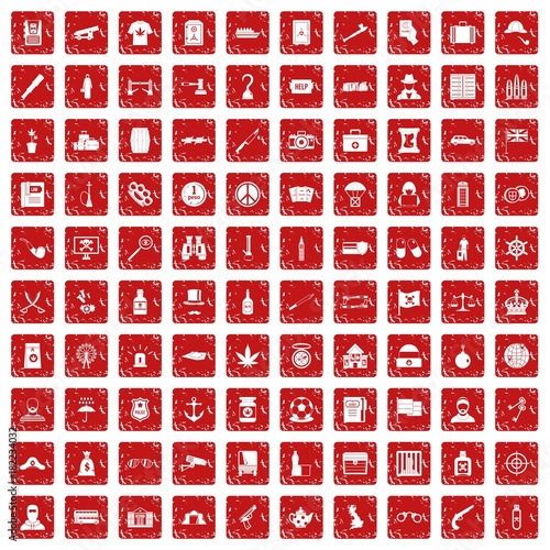 100 offence icons set grunge red