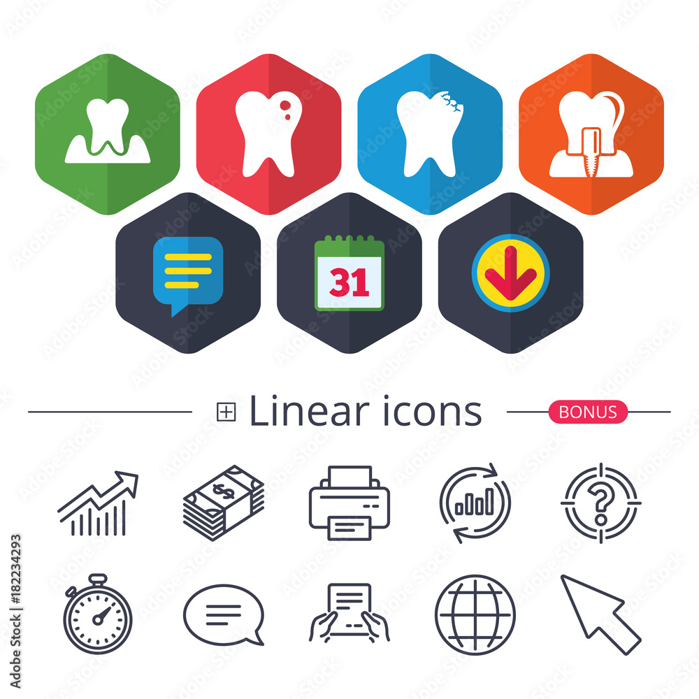 Dental care icons. Caries tooth and implant. Dental care icons. Caries tooth and implant.