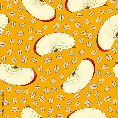 Seamless Pattern with Oat Flakes and Apple Slices