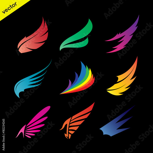 Vector colorful wing icons set on black background., vector of wing for your design.