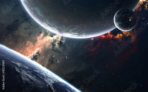 Fototapeta Naklejka Na Ścianę i Meble -  Science fiction space visualisation. Planetary system thousands light years far away from Earth. Elements of this image furnished by NASA