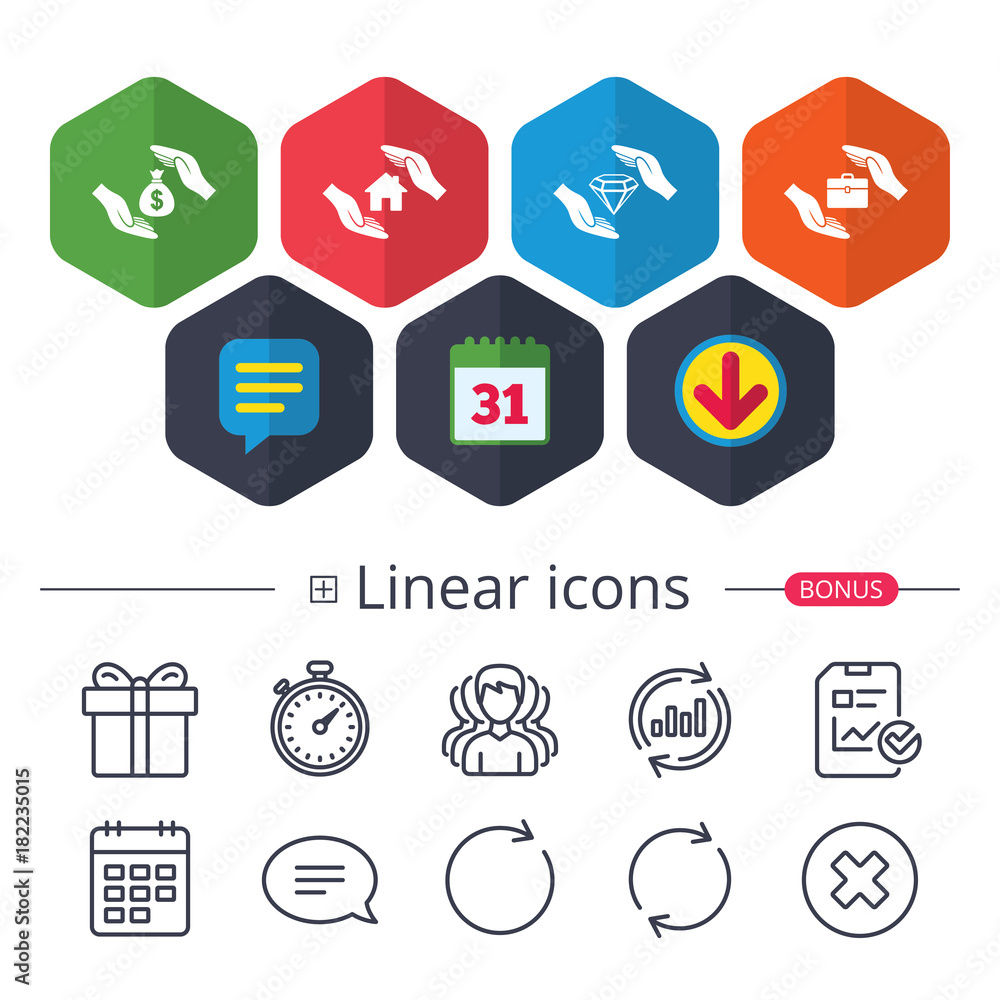 Hands insurance icons. Money savings sign. Hands insurance icons. Money savings sign.
