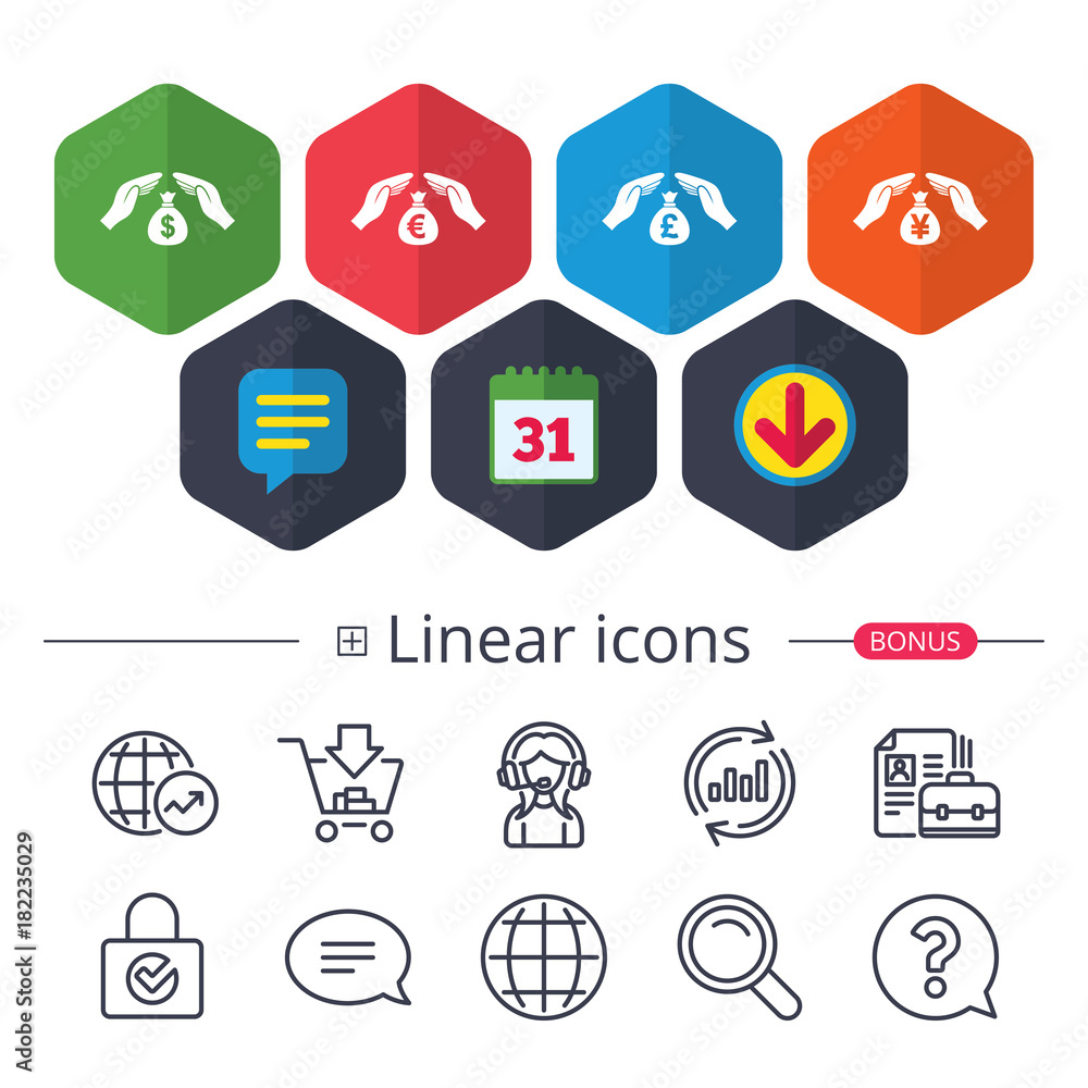 Hands insurance icons. Money savings signs. Hands insurance icons. Money savings signs.