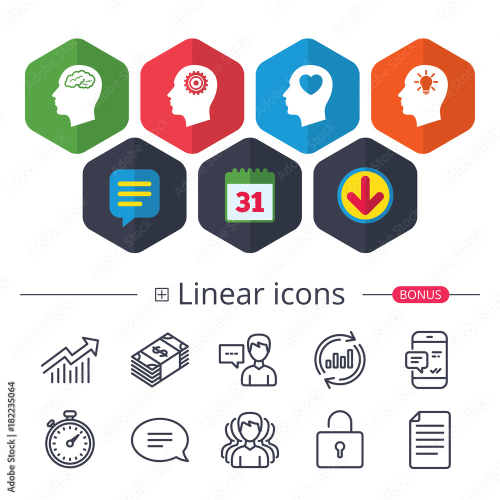 Head with brain icon. Male human symbols. Head with brain icon. Male human symbols.