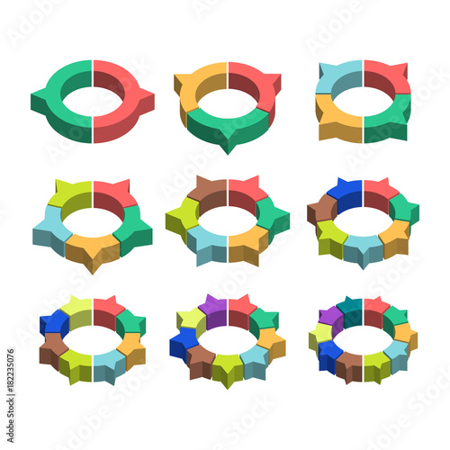 Set of bulk isometric pie charts in ring form. Templates realistic three-dimensional pie charts. Business data, colorful elements for infographics. Vector