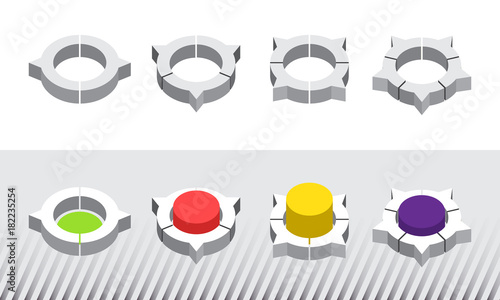 Set of bulk isometric pie charts in ring form. Templates realistic three-dimensional pie charts. Business data, elements for infographics. Vector