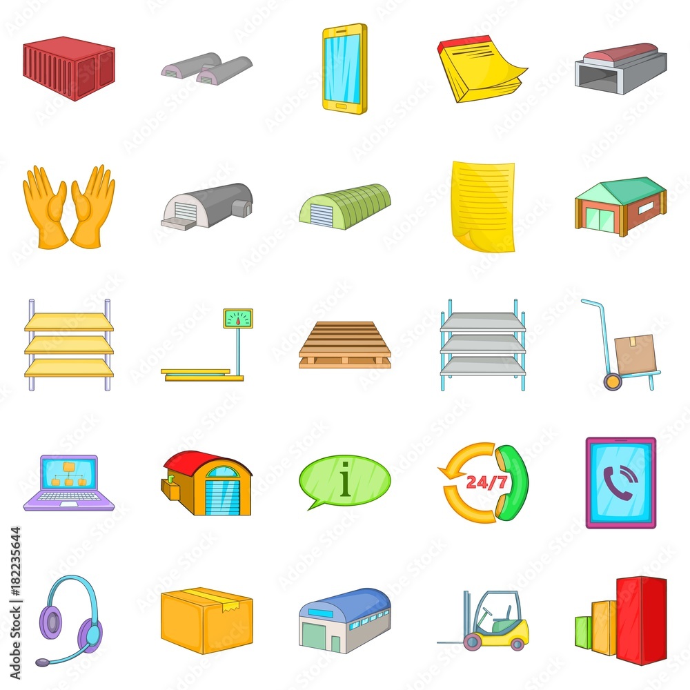 Storage of goods icons set, cartoon style Storage of goods icons set, cartoon style