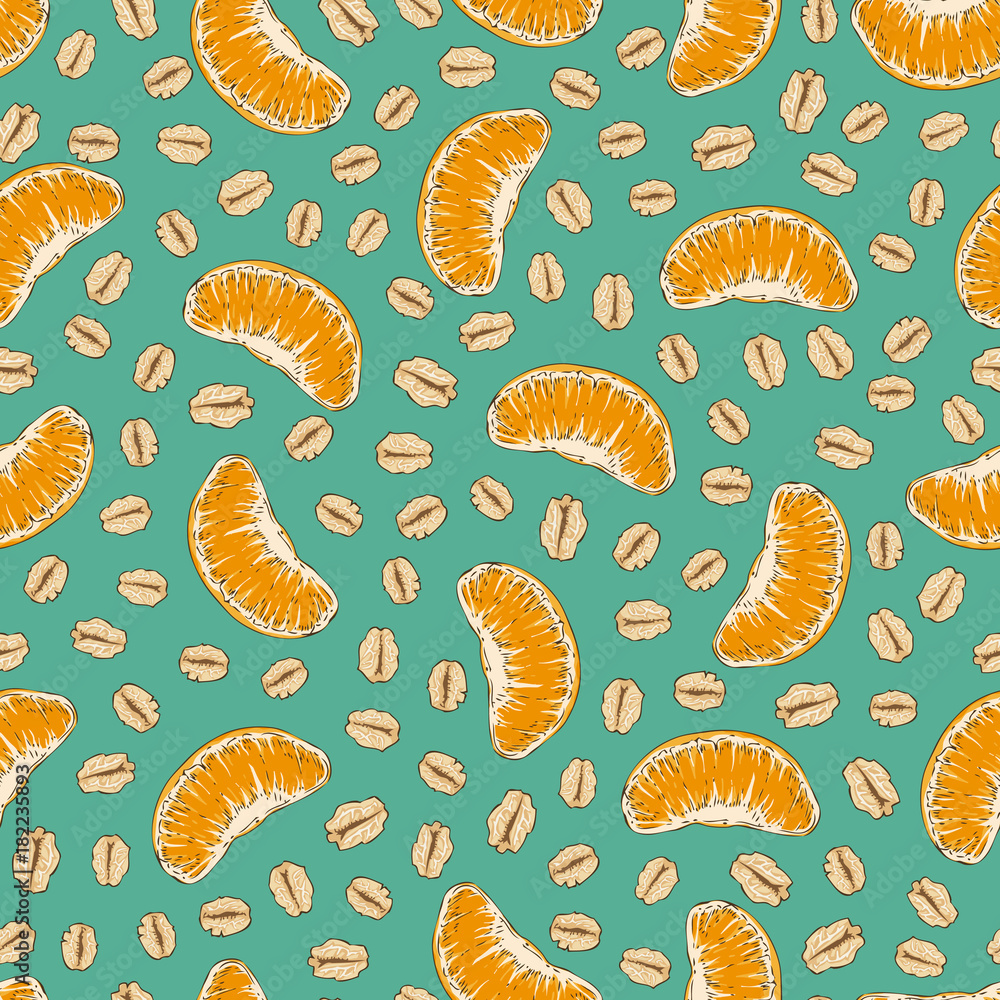 Seamless Pattern with Oat Flakes and Tangerine Seamless Pattern with Oat Flakes and Tangerine