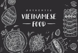 Hand drawn top view traditional Vietnamese food on a black board, Vector Illustration