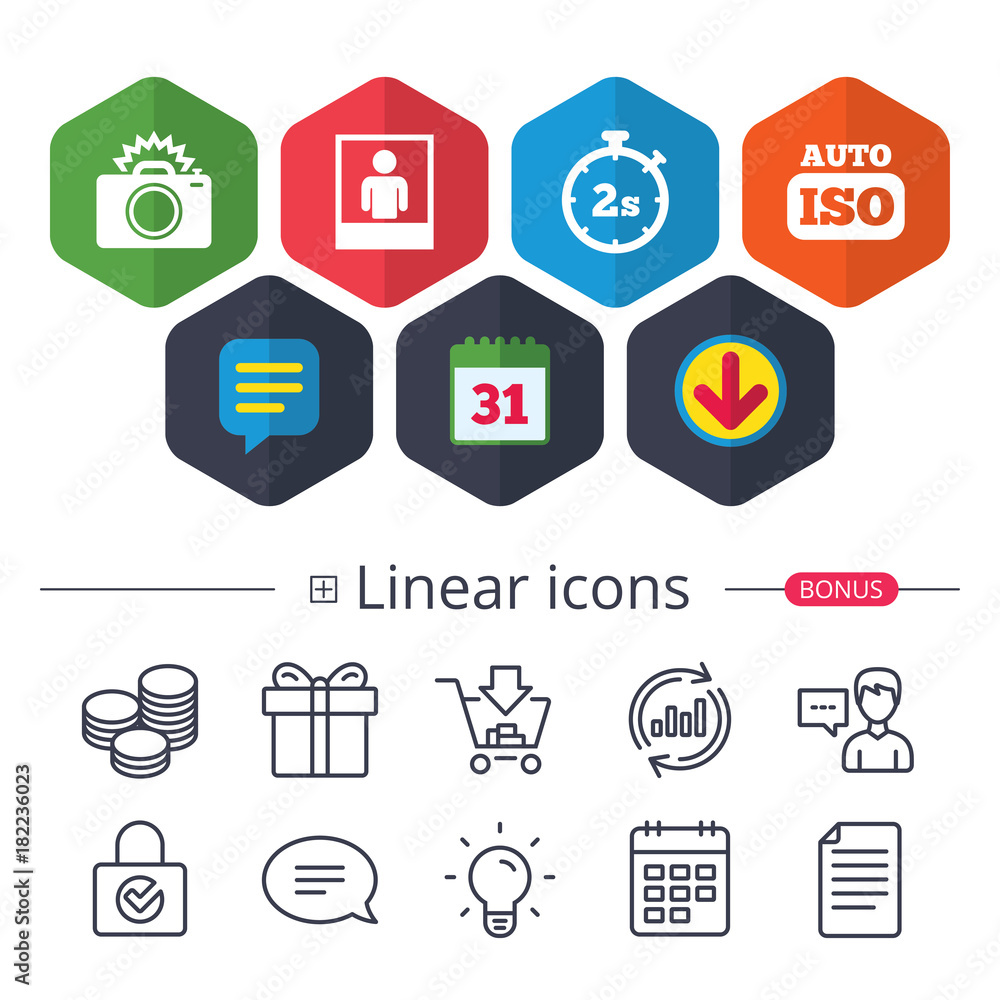 Photo camera icon. Flash light and Auto ISO. Photo camera icon. Flash light and Auto ISO.