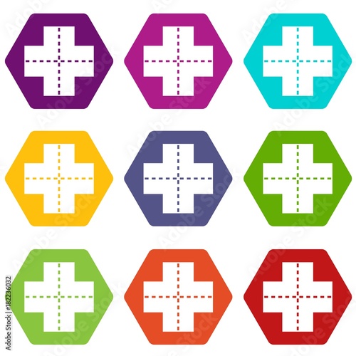 Crossroad icon set color hexahedron