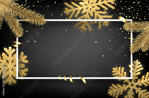 Winter background with fir branches and snowflakes.