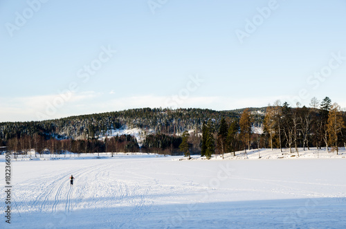 A person practicing ski on the frozen lake of Bogstadvannet in Oslo Norway