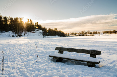 Wallpaper Mural Wooden bench close to a frozen lake in Bogstadvannet (Oslo). Low sun Torontodigital.ca