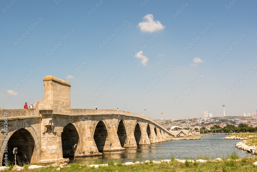 View of Kucukcekmece Mimar Sinan(Architect Sinan)Bridge which was built by Ottoman Architecture Mimar Sinan (Architect Sinan).TURKEY, ISTANBUL,30 JULY 2017
