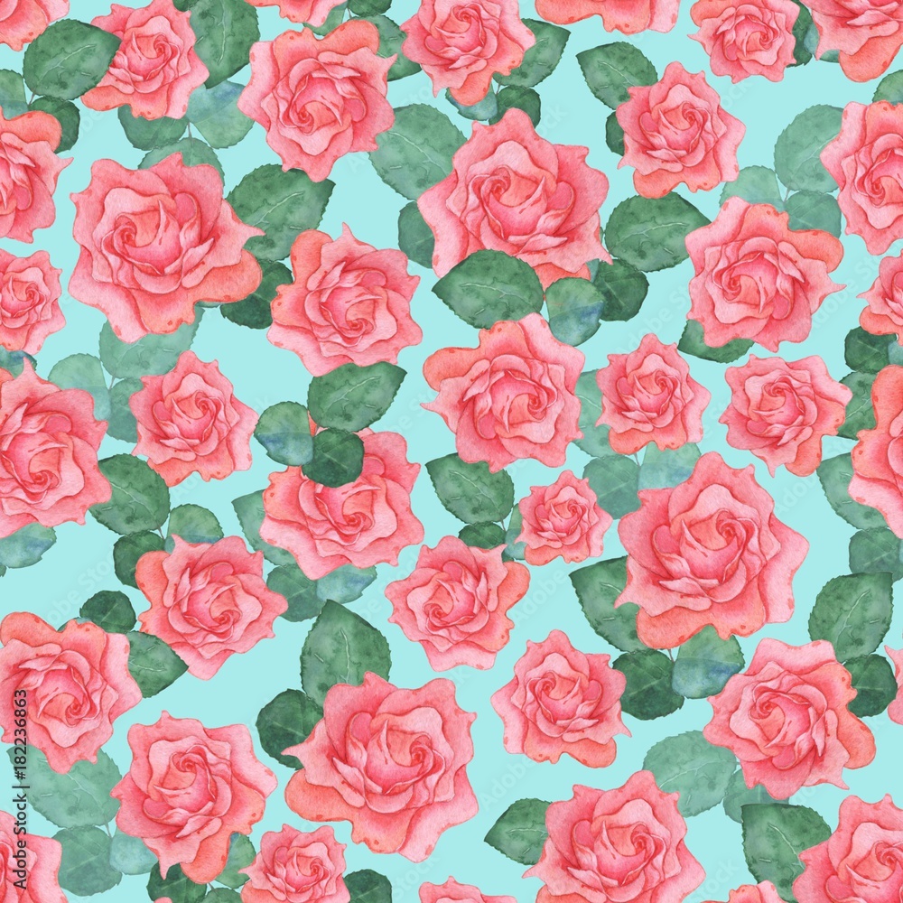 Watercolor seamless pattern of roses 1. Hand-drawing