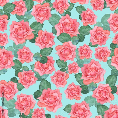 Watercolor seamless pattern of roses 1. Hand-drawing