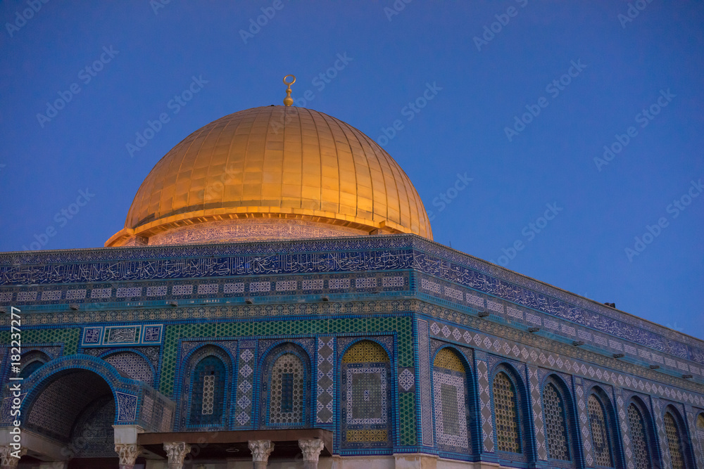 Dome of the Rock Islamic Mosque Temple Mount, Jerusalem. Built in 691, where Prophet Mohamed ascended to heaven on an angel in his 