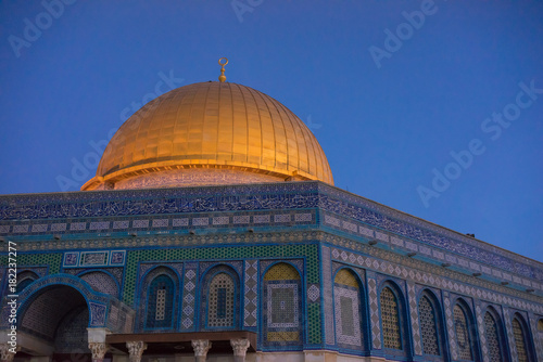 Dome of the Rock Islamic Mosque Temple Mount, Jerusalem. Built in 691, where Prophet Mohamed ascended to heaven on an angel in his "night journey".
