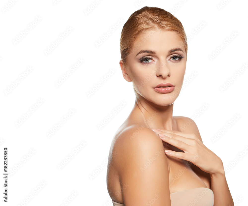 Portrait of beautiful healthy happy mature woman with clean make-up over white background Portrait of beautiful healthy happy mature woman with clean make-up over white background