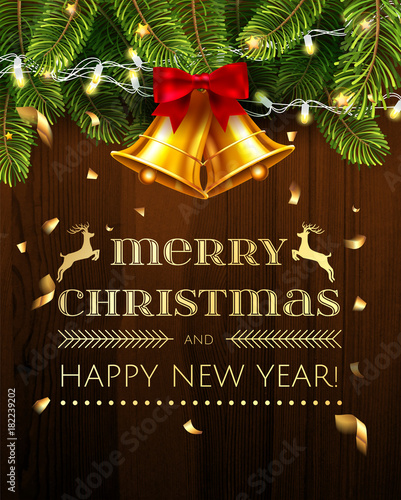 Vector Christmas greetings and decoration objects on wooden background. Jingle bells holiday postcard. Merry Christmas and Happy New Year. Elements are layered separately in vector file.