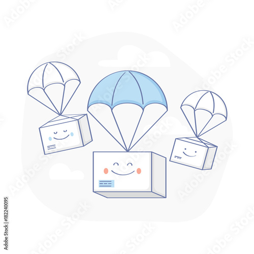 Fast Delivery Service, Parcels Delivery. Happy cute Packages are flying on parachutes. E-Commerce template. Flat outline isolated vector illustration on white background.