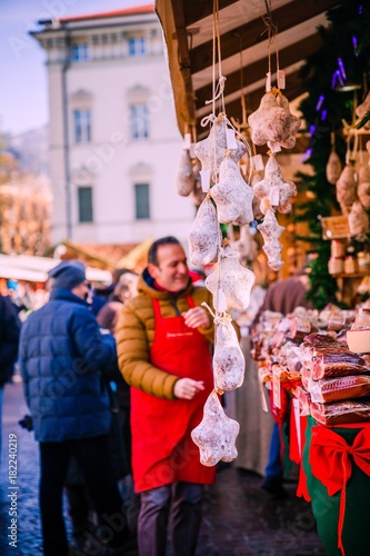 Traditional Italian salami and pork speck meat on Trentino Alto Adige, Italy Christmas market