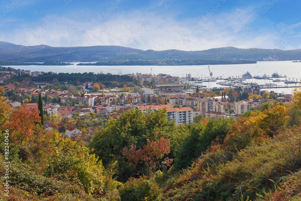 View of Tivat city from the slope of the mountain. Montenegro