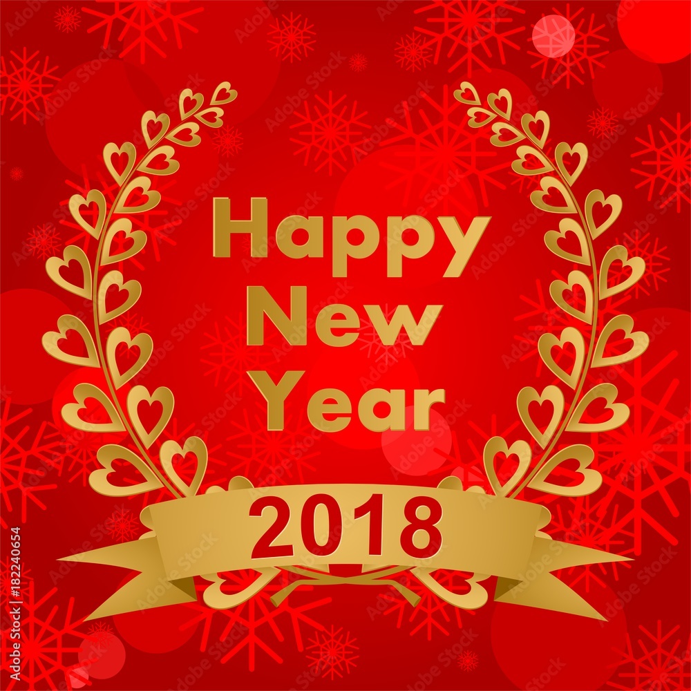 New year greeting card with gold laurel wreath composed of two branches with colorful hearts and stems with a gold ribbon for the 2018 year on a red background with snowflakes 