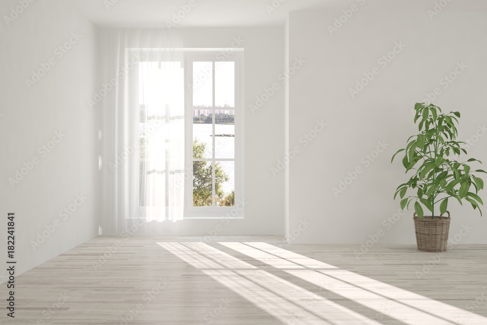White empty room with summer landscape in window. Scandinavian interior design. 3D illustration White empty room with summer landscape in window. Scandinavian interior design. 3D illustration