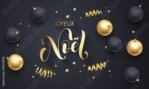 Joyeux Noel French Merry Christmas holiday golden decoration, gold hand drawn calligraphy font for greeting card black background. Vector Christmas or New Year golden shiny Xmas decoration confetti