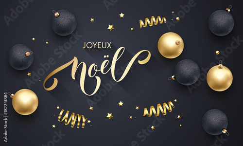 Joyeux Noel French Merry Christmas golden decoration, hand drawn gold calligraphy font for greeting card black background. Vector Christmas or New Year gold star shiny confetti for holiday decoration