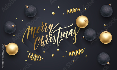 Merry Christmas golden decoration, hand drawn gold calligraphy font for greeting card black background. Vector Christmas or New Year gold star shiny confetti for winter holiday premium decoration