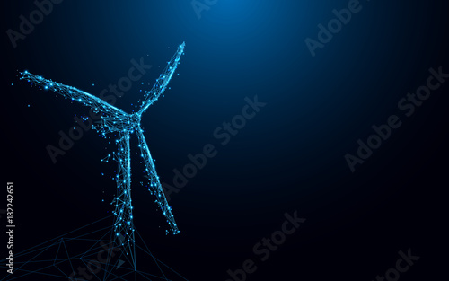Abstract windmills from lines and triangles, point connecting network on blue background. Illustration vector