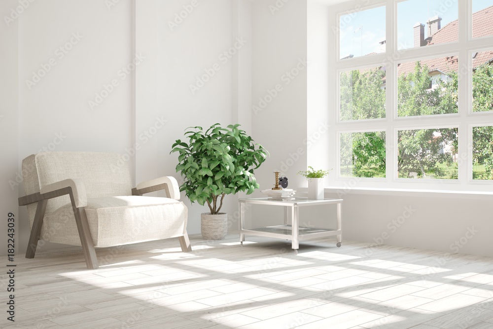 Idea of white room with armchair and summer landscape in window. Scandinavian interior design. 3D illustration Idea of white room with armchair and summer landscape in window. Scandinavian interior design. 3D illustration
