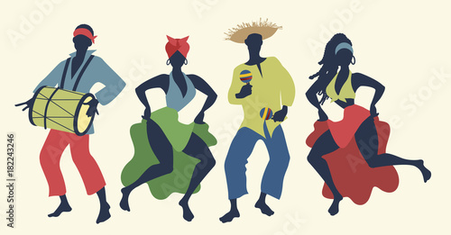 Group of four people dancing and playing Latin music