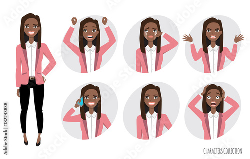 Set of emotions for black african american business woman.
