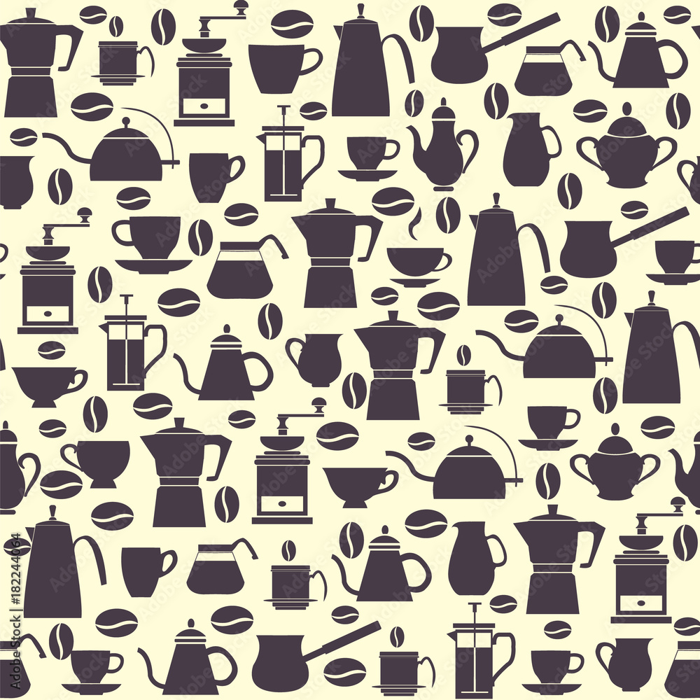 Seamless pattern collection icons Coffee Pots with Cups, coffee mill, turkish. Seamless pattern collection icons Coffee Pots with Cups, coffee mill, turkish.