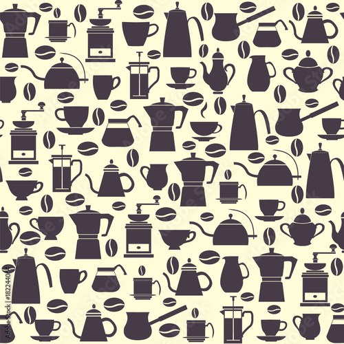 Seamless pattern collection icons Coffee Pots with Cups  coffee mill  turkish.