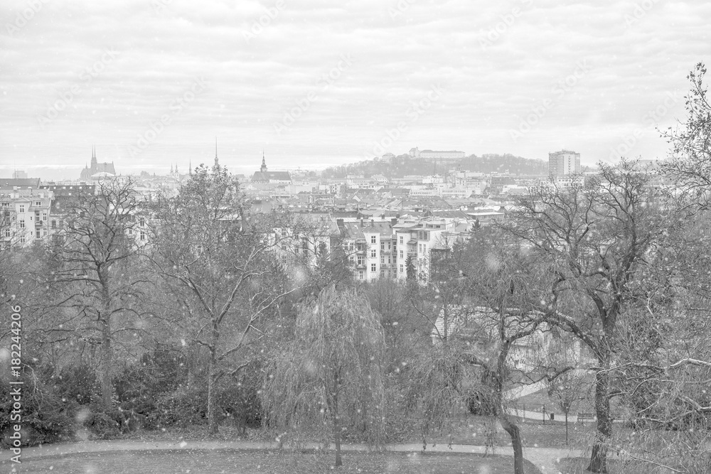 Brno skyline in snow; panorama of Brno, Czech Republic, as can be seen from Villa Tugendhat.
