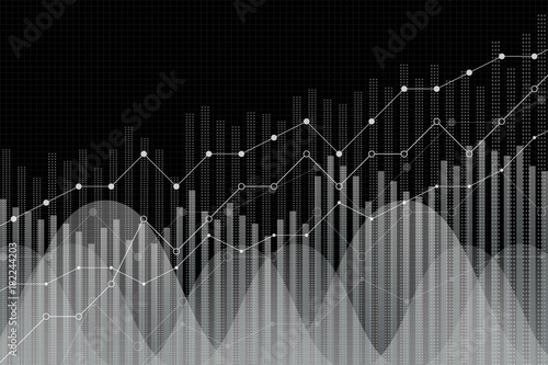 Financial growth, revenue graph, vector illustration. Trend lines, columns, market economy information background. Chart analytics strategy concept, trendy black and white, monochrome style.