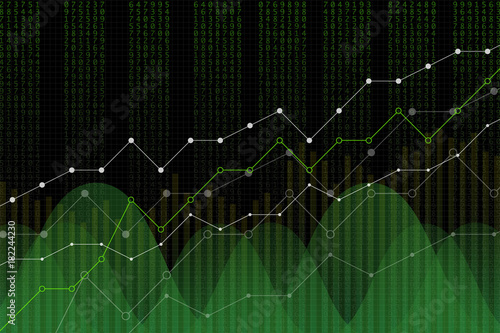 Stock market revenue graph, vector illustration. Green numbers column, uptrend lines, trading screen concept on black background. Digital diagram for revenue growth.