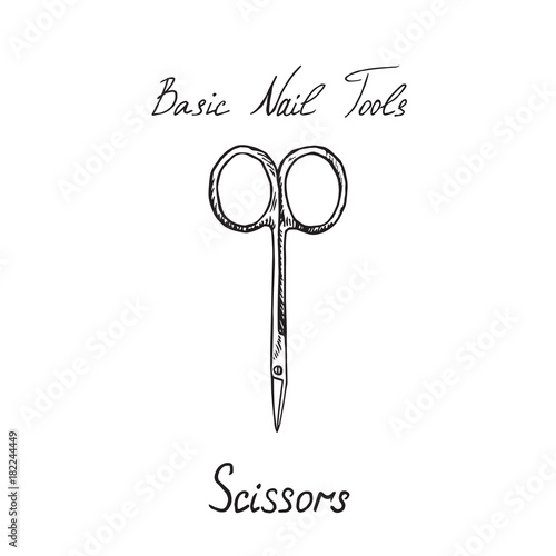 Basic nail tools, scissors, hand drawn doodle sketch with inscription, isolated vector illustration