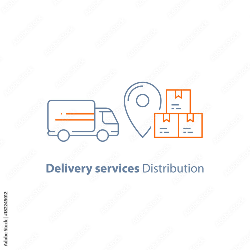Logistics company, delivery truck, move service, courier, receive parcel box, vector line icon Logistics company, delivery truck, move service, courier, receive parcel box, vector line icon