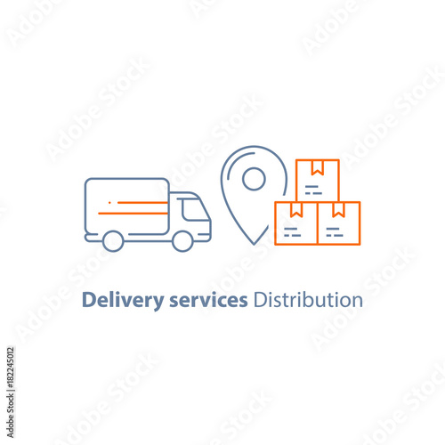 Logistics company, delivery truck, move service, courier, receive parcel box, vector line icon