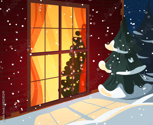 Merry Christmas and Happy New Year holiday room Background.  Winter snowy sky  Landscape. cozy house and Christmas tree. Warm window and snow. Christmas eve in old town. Christmas greeting card