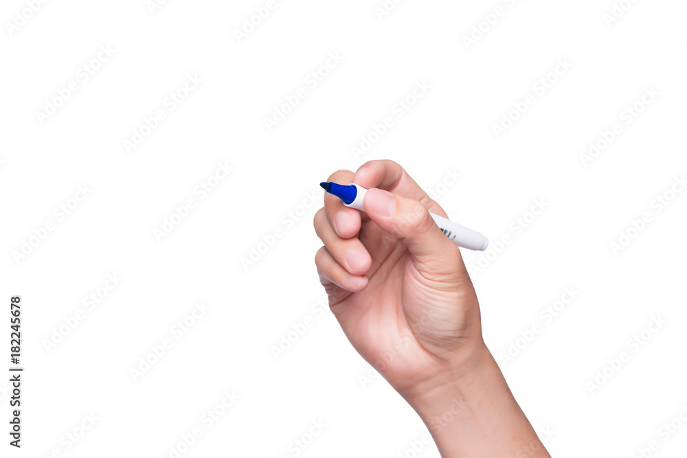 Male hand write something with marker isolated on white background Male hand write something with marker isolated on white background