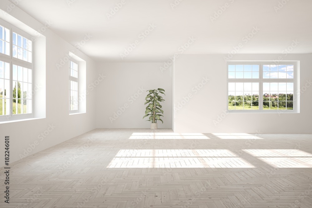 White empty room with summer landscape in window. Scandinavian interior design. 3D illustration White empty room with summer landscape in window. Scandinavian interior design. 3D illustration