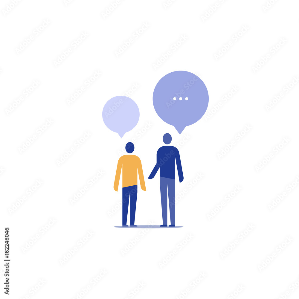 Communication and cooperation concept, two coworkers talking, discussing a project Communication and cooperation concept, two coworkers talking, discussing a project